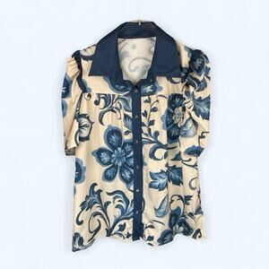 CherryBetty Elegant Blue Flower Print Short Sleeve Blouse size medium